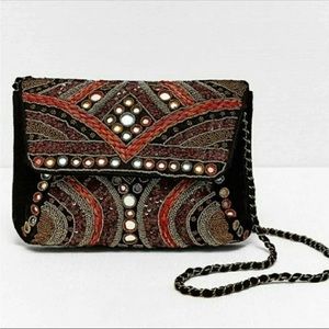 Zara Embroidered Black Velvet Moroccan Multicolor Bag with chain strap